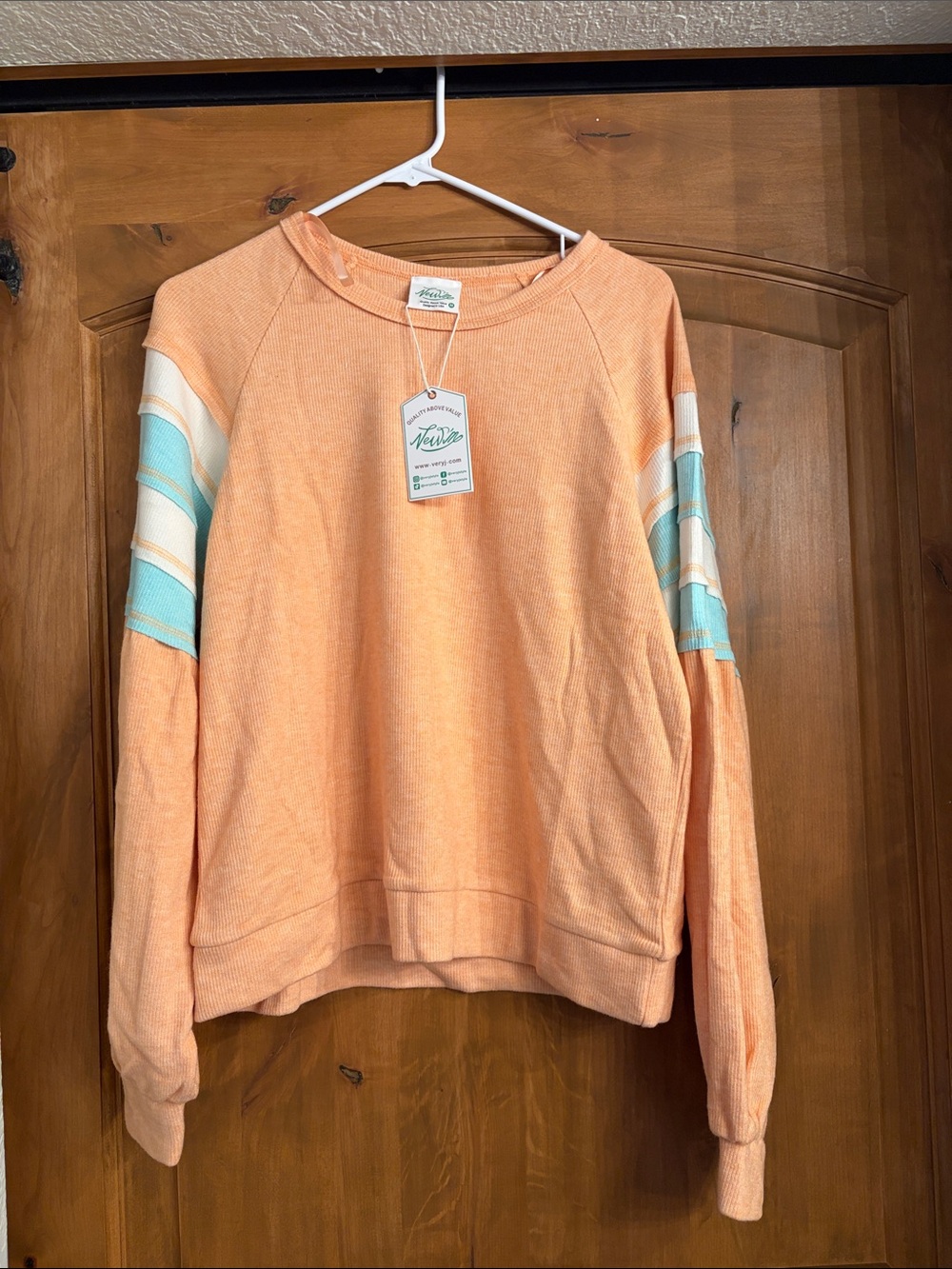 Very J Peach Sweatshirt with White & Aqua Striped Sleeves